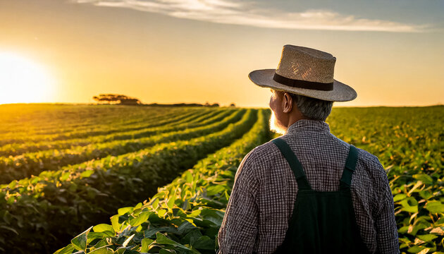 Agricultor contemplando sua lavoura ao pôr do sol